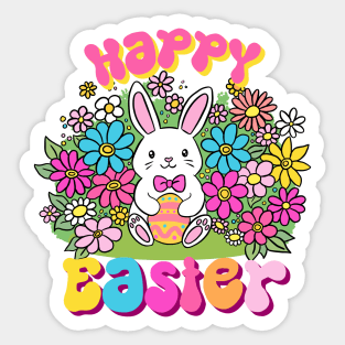 Happy easter a cute easter bunny holding an egg surrounded by flowers Sticker